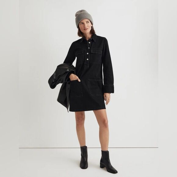 NWT Madewell Long Sleeve Denim Popover Mini Shirtdress in Clean Black Wash - Picture 1 of 10